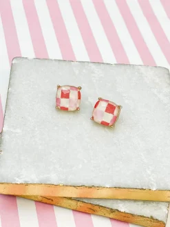 Pink Check Printed Glass Stud Earrings