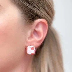 Pink Check Printed Glass Stud Earrings