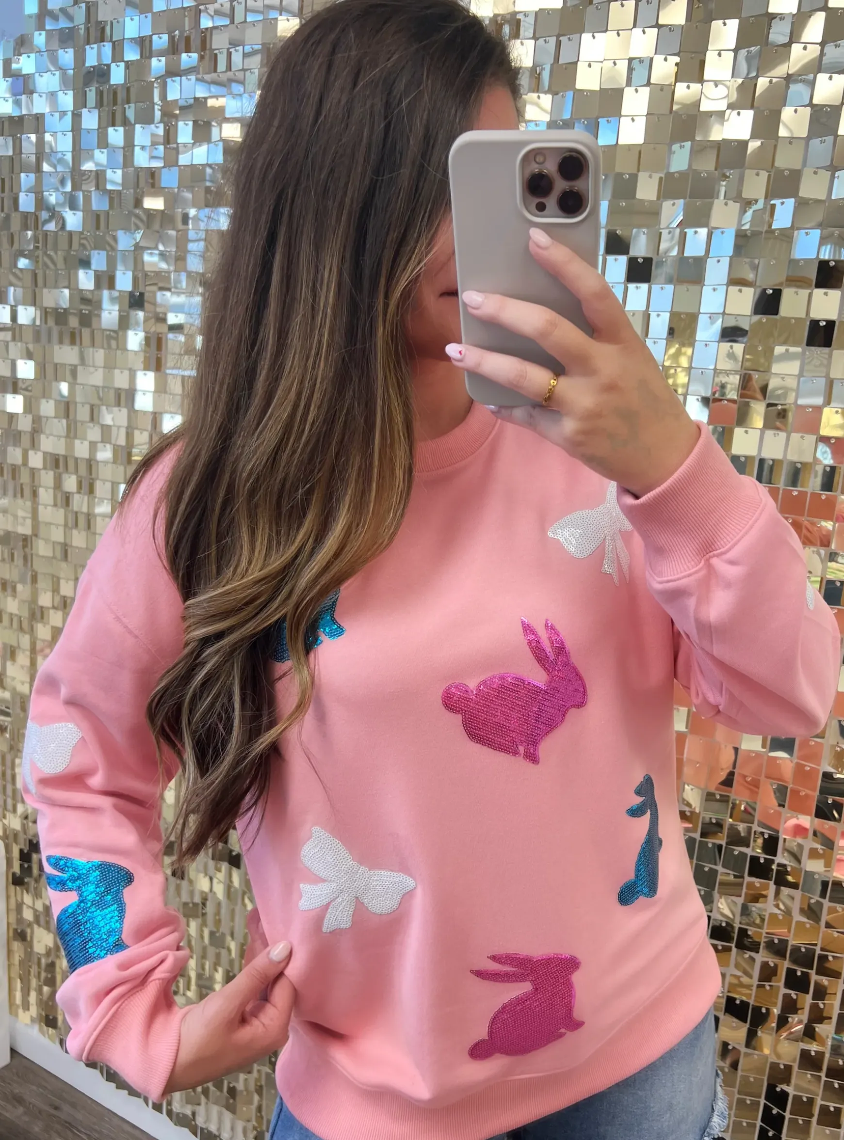 Pink Easter Bunny Bow Knot Sequined Crewneck Graphic Sweatshirt