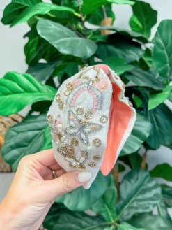 Pink Floral & Butterfly Embroidered Rhinestone Headband