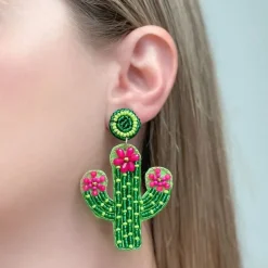 Pink Flower Cactus Beaded Dangle Earrings