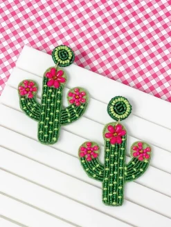 Pink Flower Cactus Beaded Dangle Earrings