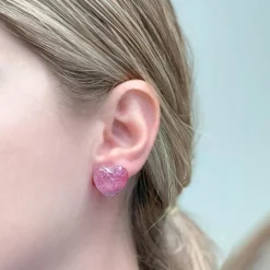 Pink Glitter Heart Stud Earrings