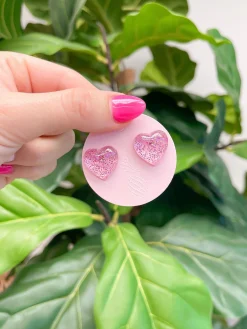 Pink Glitter Heart Stud Earrings