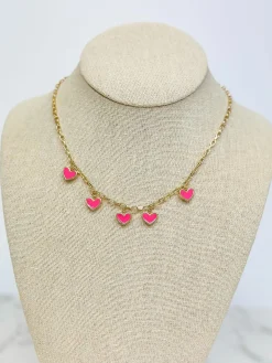 Pink Heart Enamel Dangle Necklace