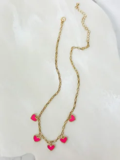Pink Heart Enamel Dangle Necklace