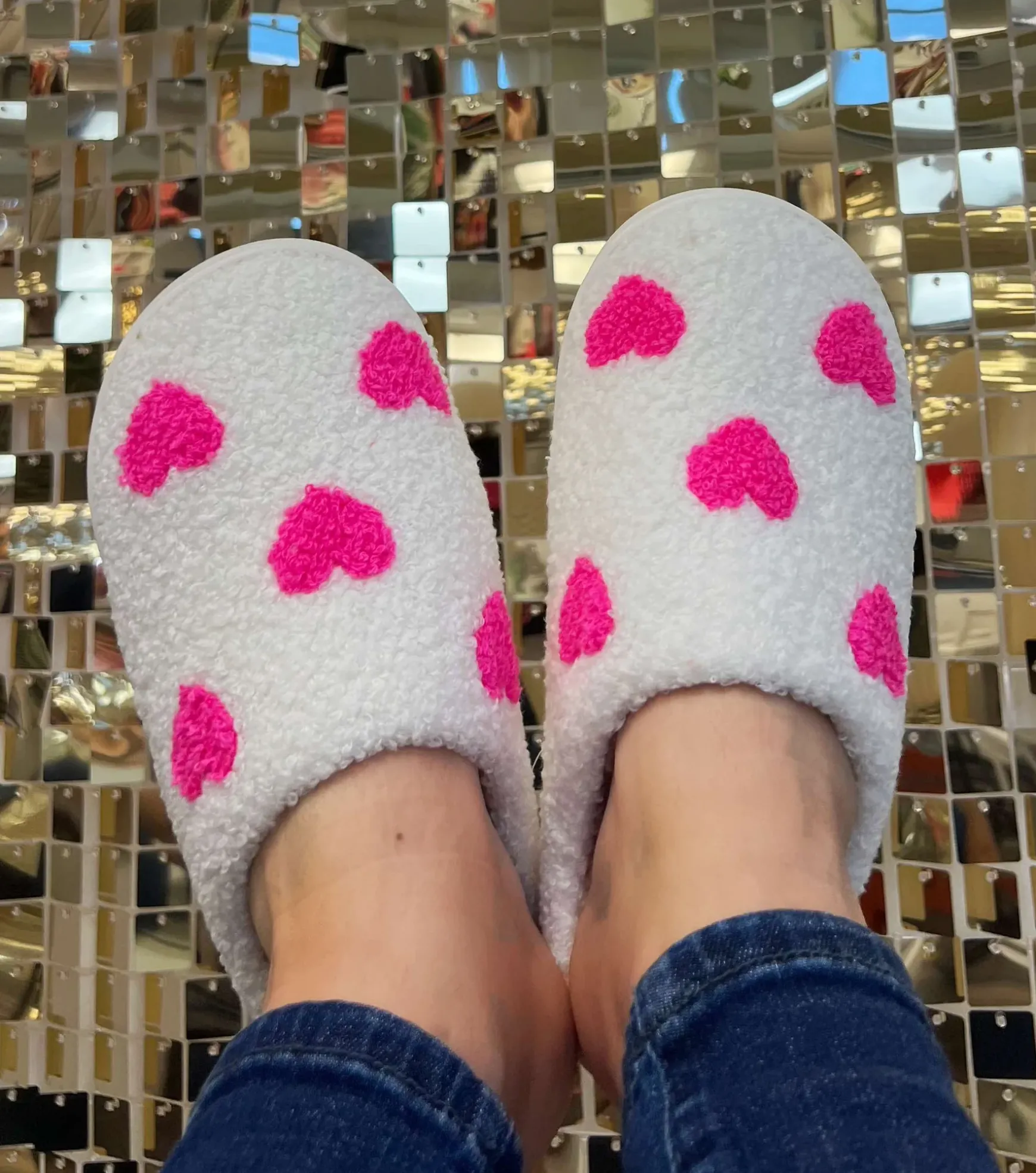Pink Heart Valentines Fuzzy Slippers