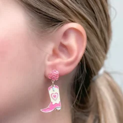 Pink Rose Cowboy Boot Dangle Earrings