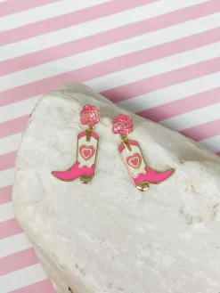 Pink Rose Cowboy Boot Dangle Earrings