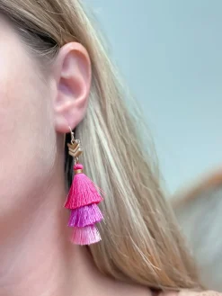 Pink Tassel Tiered Dangle Earrings