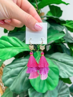 Pink Tassel Tiered Dangle Earrings