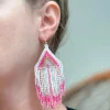 Pink, White & Gold Fringe Seed Bead Dangle Earrings