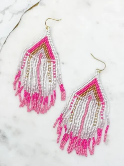 Pink, White & Gold Fringe Seed Bead Dangle Earrings