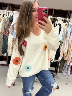 Plush Braided Flower Sweater by POL - Cream Multi