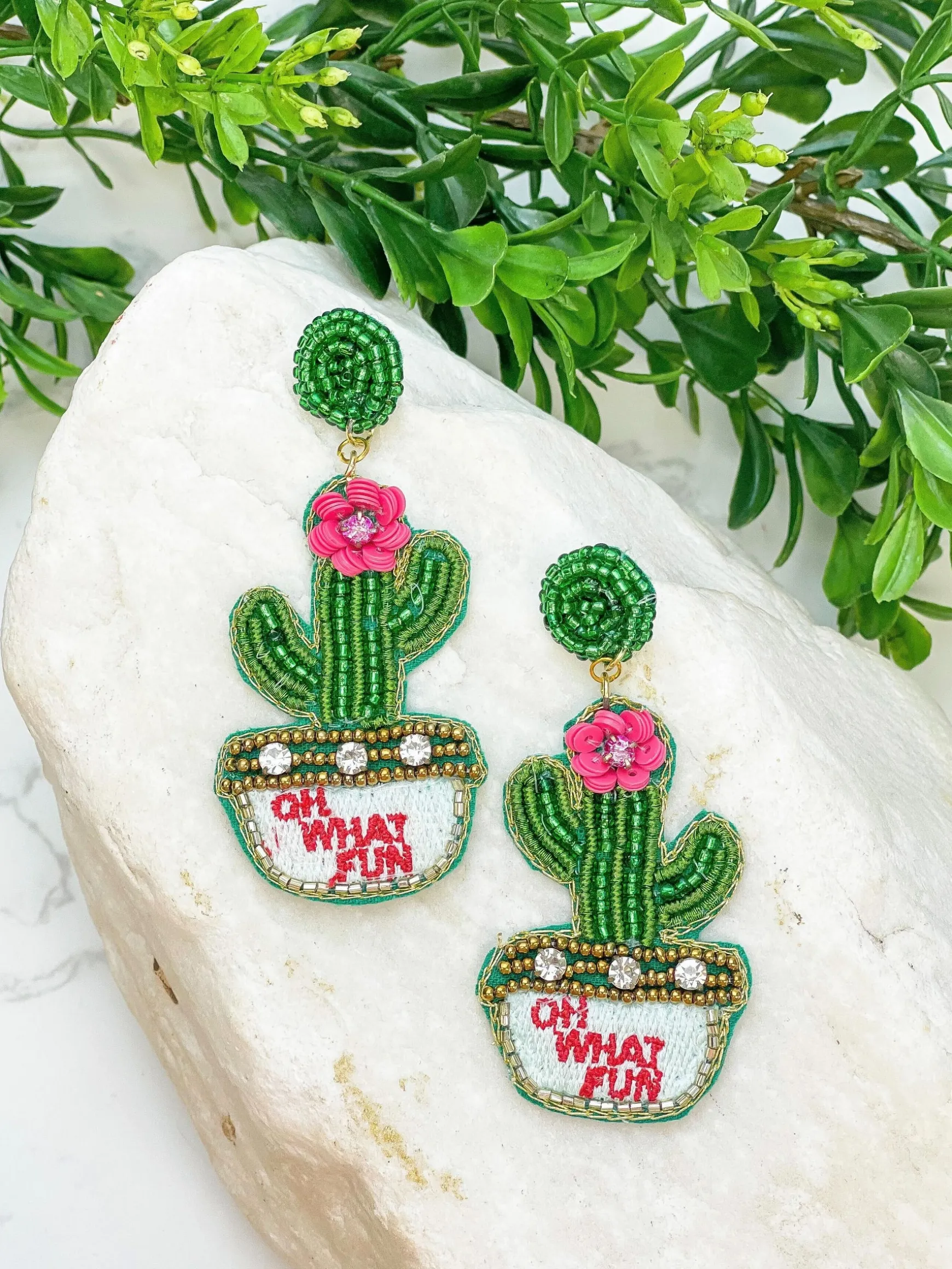 Potted Flower Cactus Beaded Dangle Earrings