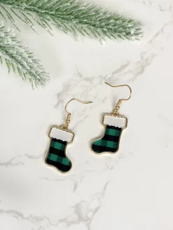 Printed Stocking Dangle Earrings - Green Buffalo Check