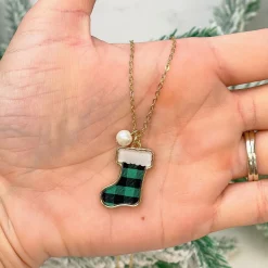 Printed Stocking Pendant Necklace - Green Buffalo Check