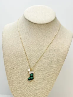 Printed Stocking Pendant Necklace - Green Buffalo Check