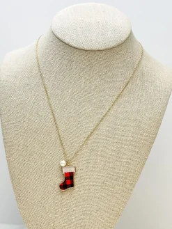 Printed Stocking Pendant Necklace - Red Buffalo Check