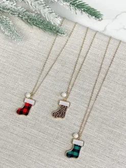 Printed Stocking Pendant Necklace - Red Buffalo Check
