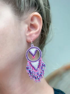 Purple Dreamcatcher Fringe Seed Bead Dangle Earrings