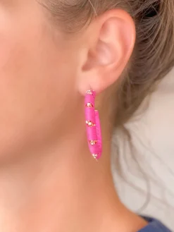 Raffia Wrapped Rhinestone Hoop Earrings - Pink
