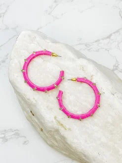 Raffia Wrapped Rhinestone Hoop Earrings - Pink