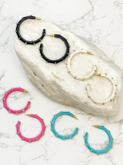 Raffia Wrapped Rhinestone Hoop Earrings - Pink