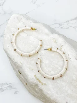 Raffia Wrapped Rhinestone Hoop Earrings - White