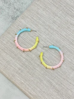 Raffia Wrapped Rhinestone Hoop Earrings - Pastel
