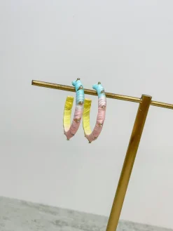 Raffia Wrapped Rhinestone Hoop Earrings - Pastel