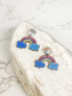 Rainbow & Clouds Acrylic Dangle Earrings - Blue