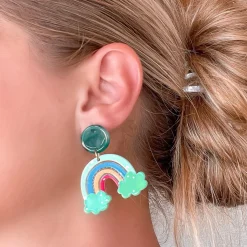 Rainbow & Clouds Acrylic Dangle Earrings - Green