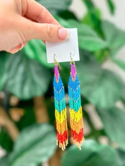 Rainbow Beaded Fringe Dangle Earrings