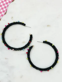 Rainbow Beaded Hoop Earrings - Black