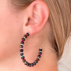 Rainbow Beaded Open Hoop Earrings - Black