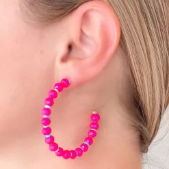 Rainbow Beaded Open Hoop Earrings - Pink
