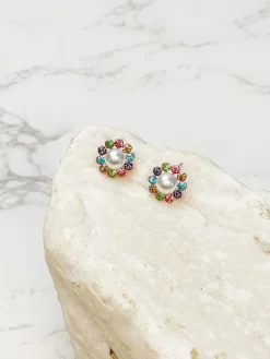 Rainbow Flower Pearl Stud Earrings