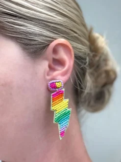 Rainbow Lightning Bolt Beaded Dangle Earrings