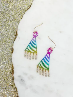 Rainbow Metallic Pave Birthday Hat Dangle Earrings