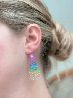 Rainbow Metallic Pave Birthday Hat Dangle Earrings