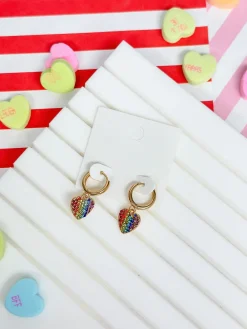 Rainbow Pave Heart Dangle Huggies