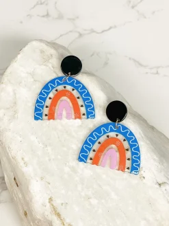 Rainbow Printed Acrylic Dangle Earrings - Blue Hearts