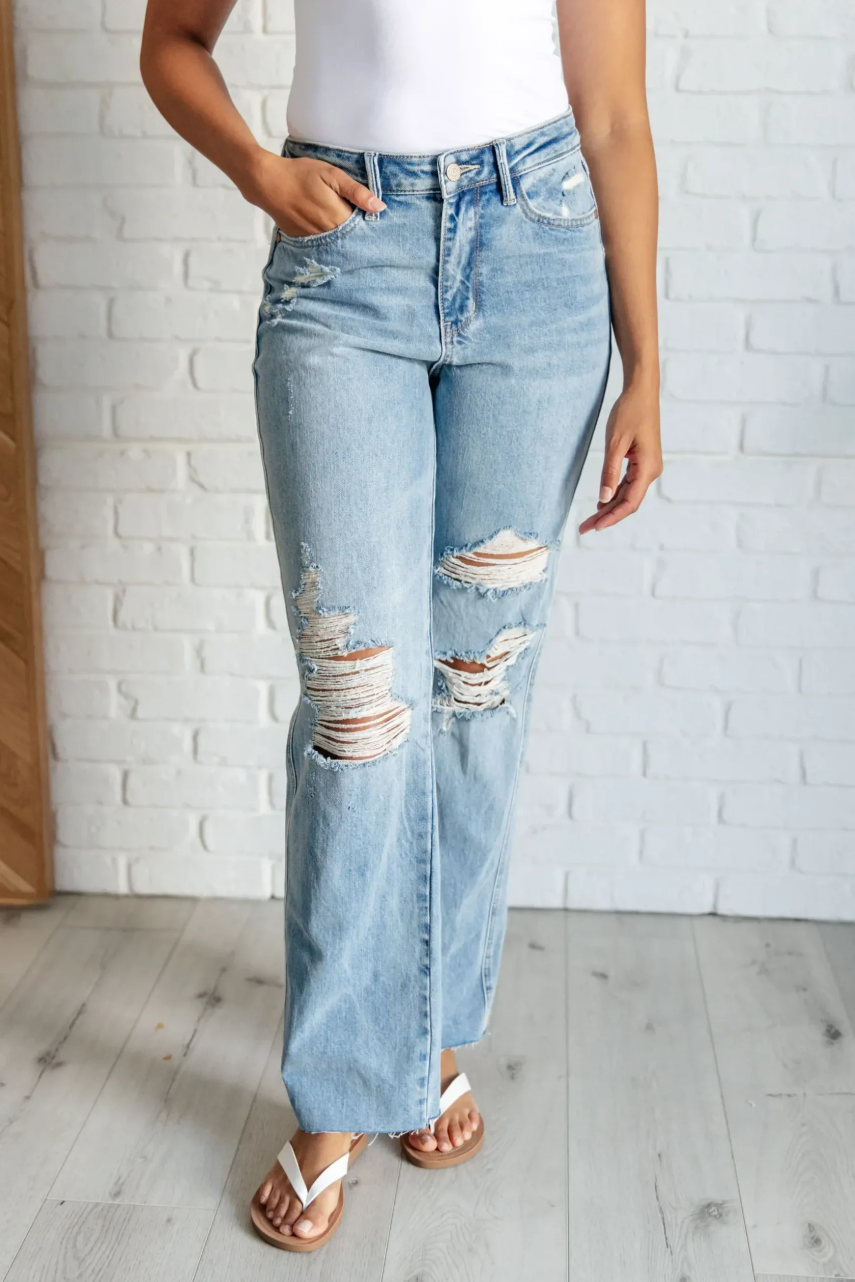 Ramona High Rise Rigid Magic Destroyed Straight Jeans by Judy Blue