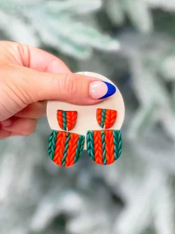 Red & Green Knit Clay Dangle Earrings