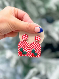 Red & White Checkered Clay Dangle Earrings