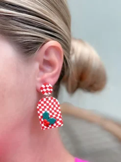 Red & White Checkered Clay Dangle Earrings