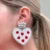 Red & White Heart Rhinestone & Bead Statement Earrings