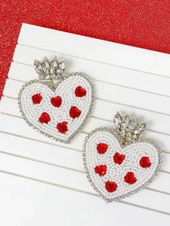 Red & White Heart Rhinestone & Bead Statement Earrings