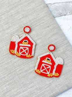 Red Barn Seed Bead Drop Earrings